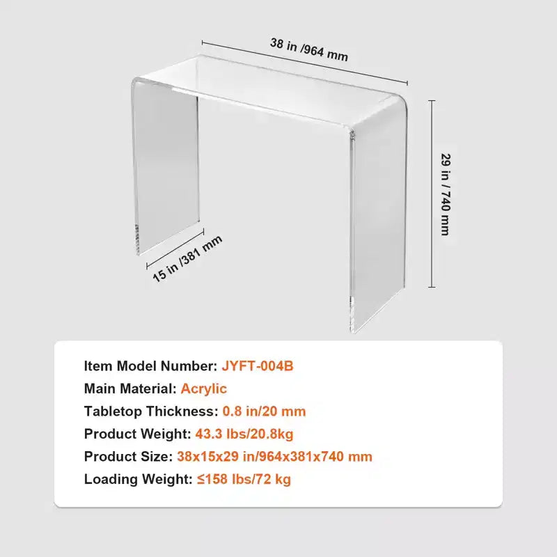 Consolle in Acrilico Trasparente, Tavolino Laterale a C, Utilizzo per 1 Persona, 96,5x38x73,6 cm