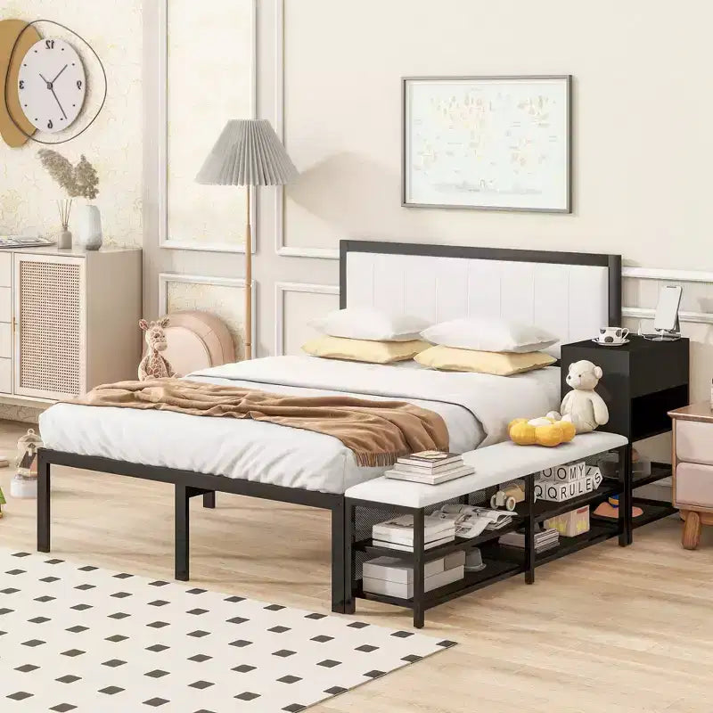Okak Full Bed Frame with Two-Tier Storage Shelves, Metal Full-size Platform Bed with Wooden Storage Cabinet for Bedroom, Living Room, Black