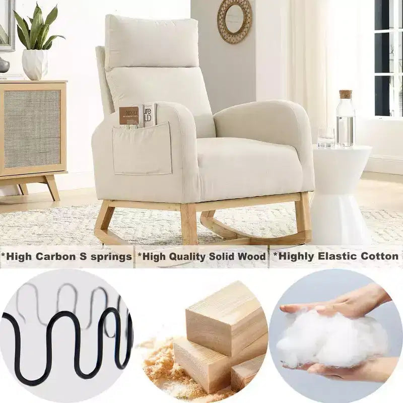 Sedia a dondolo singola in bouclé beige con tasche laterali