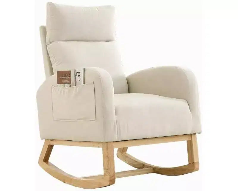 Sedia a dondolo singola in bouclé beige con tasche laterali