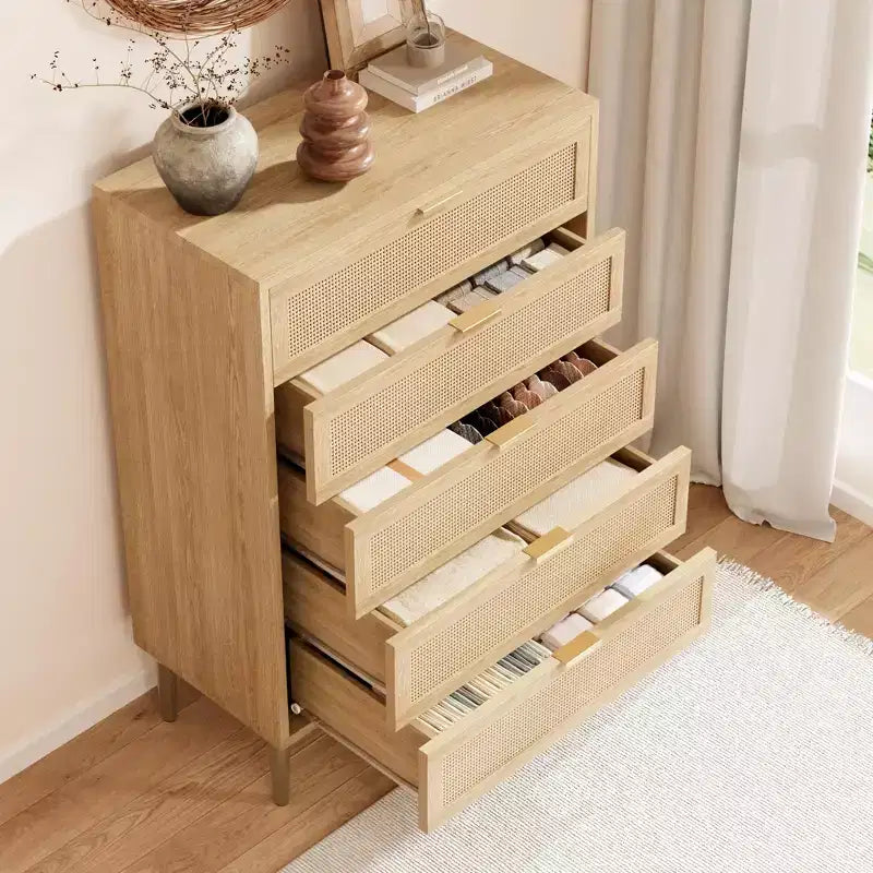 Cassettiera con 5 cassetti, in Rattan Nero/Naturale, Armadio verticale stretto, Singolo