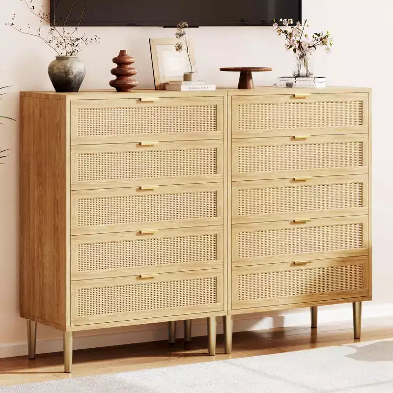 Cassettiera con 5 cassetti, in Rattan Nero/Naturale, Armadio verticale stretto, Singolo