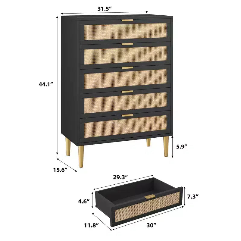 Cassettiera con 5 cassetti, in Rattan Nero/Naturale, Armadio verticale stretto, Singolo
