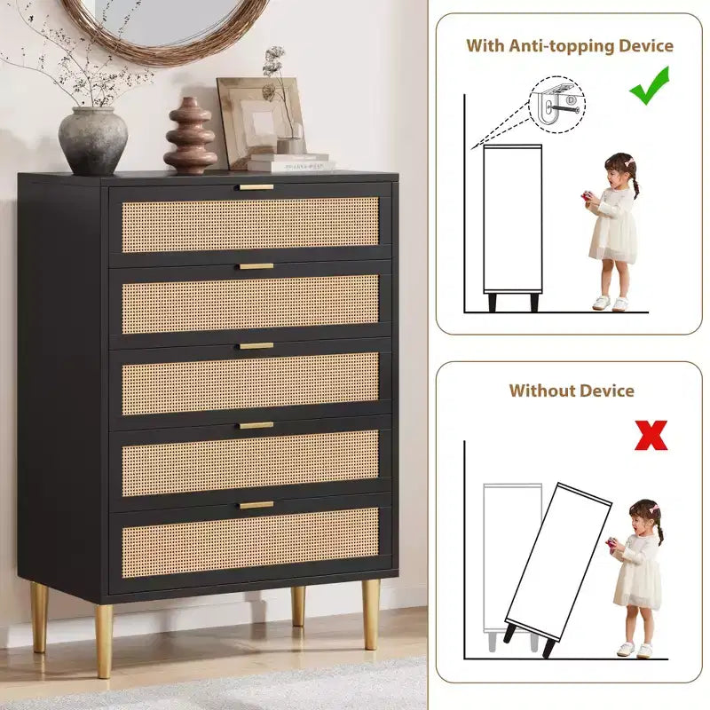 Cassettiera con 5 cassetti, in Rattan Nero/Naturale, Armadio verticale stretto, Singolo