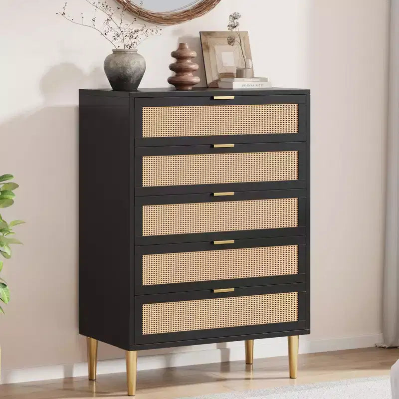 Cassettiera con 5 cassetti, in Rattan Nero/Naturale, Armadio verticale stretto, Singolo