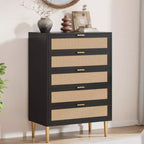 Cassettiera con 5 cassetti, in Rattan Nero/Naturale, Armadio verticale stretto, Singolo