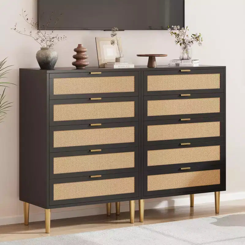 Cassettiera con 5 cassetti, in Rattan Nero/Naturale, Armadio verticale stretto, Singolo