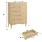 Cassettiera con 5 cassetti, in Rattan Nero/Naturale, Armadio verticale stretto, Singolo