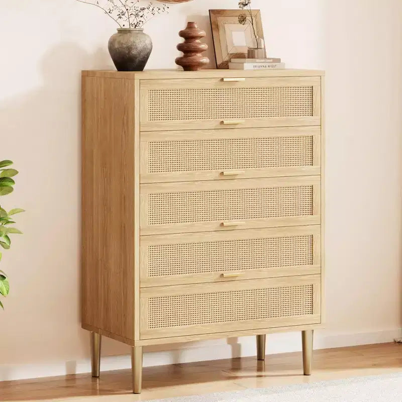 Cassettiera con 5 cassetti, in Rattan Nero/Naturale, Armadio verticale stretto, Singolo