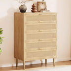 Cassettiera con 5 cassetti, in Rattan Nero/Naturale, Armadio verticale stretto, Singolo