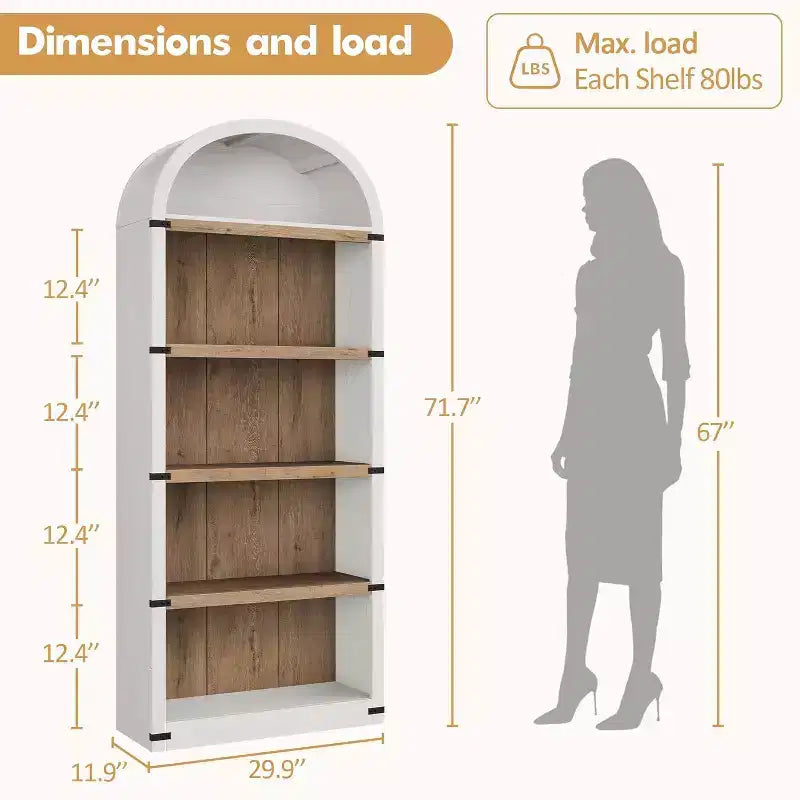 Libreria ad Arco a 5 Ripiani con Mobiletto Opzionale – Bianco Antico / Nero / Grigio / Rosso Brunastro / Legno, Stile Base o a 2 Ante