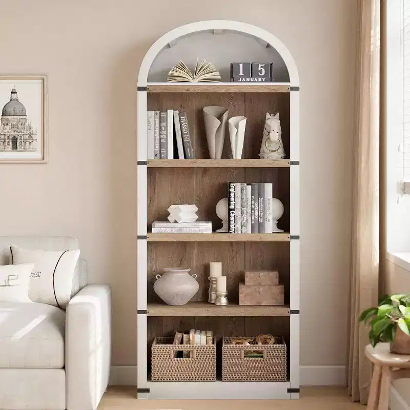Libreria ad Arco a 5 Ripiani con Mobiletto Opzionale – Bianco Antico / Nero / Grigio / Rosso Brunastro / Legno, Stile Base o a 2 Ante
