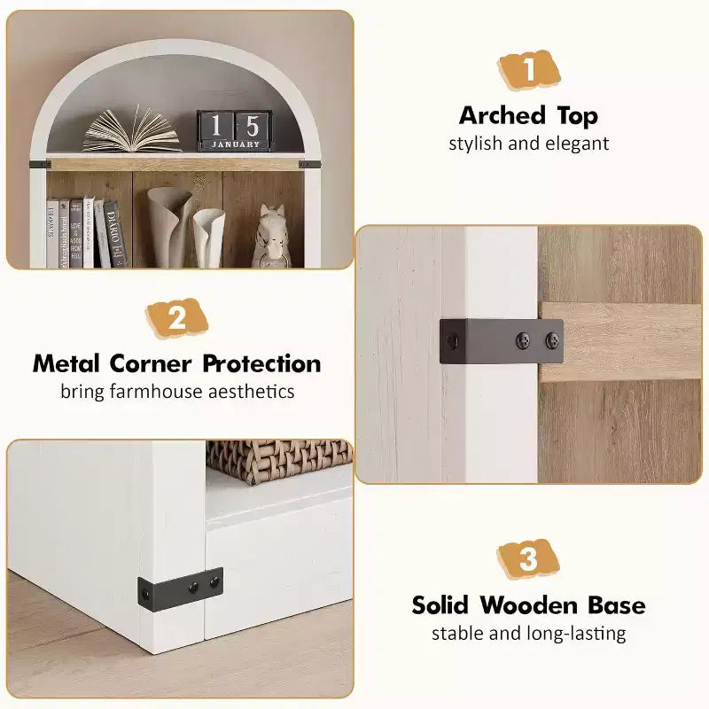 Libreria ad Arco a 5 Ripiani con Mobiletto Opzionale – Bianco Antico / Nero / Grigio / Rosso Brunastro / Legno, Stile Base o a 2 Ante