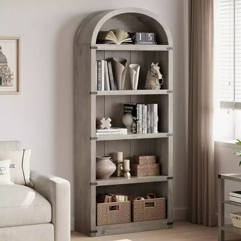 Libreria ad Arco a 5 Ripiani con Mobiletto Opzionale – Bianco Antico / Nero / Grigio / Rosso Brunastro / Legno, Stile Base o a 2 Ante