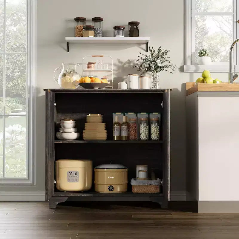 Mobile contenitore con ante scorrevoli nere/rovere/bianche – Credenza a 2 ante per cucina e sala da pranzo