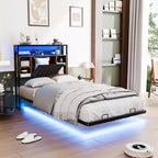 Karl Home Floating Bed Frame Twin Size with Storage Headboard, Metal Platform Bed with LED and Charging Station for Bedroom, Black
