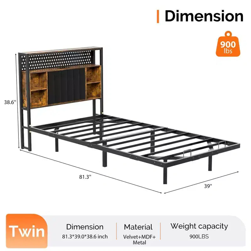 Letto a Piattaforma in Metallo Nero con Testiera a LED e Stazione di Ricarica – Twin / Full / Queen / King, 1 Persona
