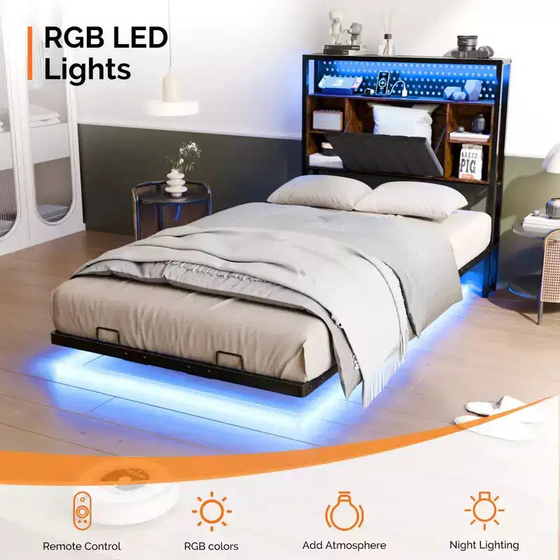 Letto a Piattaforma in Metallo Nero con Testiera a LED e Stazione di Ricarica – Twin / Full / Queen / King, 1 Persona