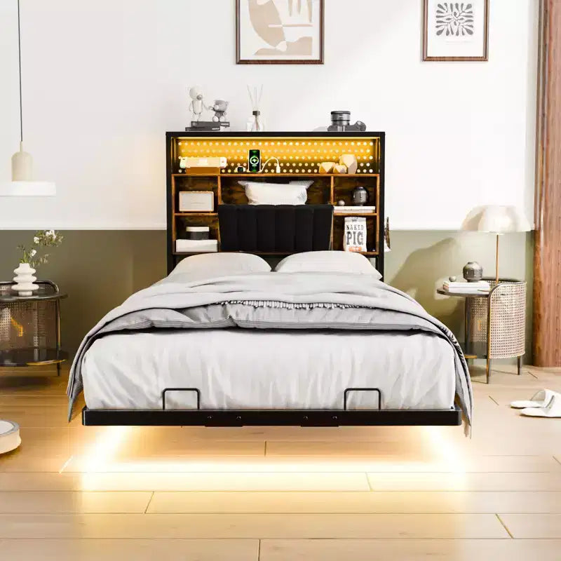 Letto a Piattaforma in Metallo Nero con Testiera a LED e Stazione di Ricarica – Twin / Full / Queen / King, 1 Persona