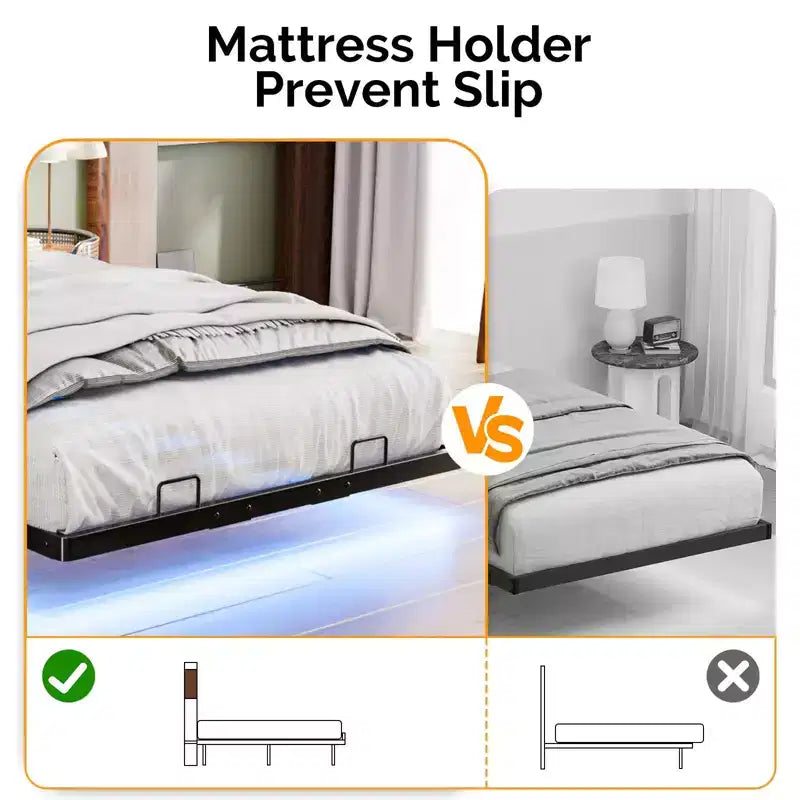 Letto a Piattaforma in Metallo Nero con Testiera a LED e Stazione di Ricarica – Twin / Full / Queen / King, 1 Persona
