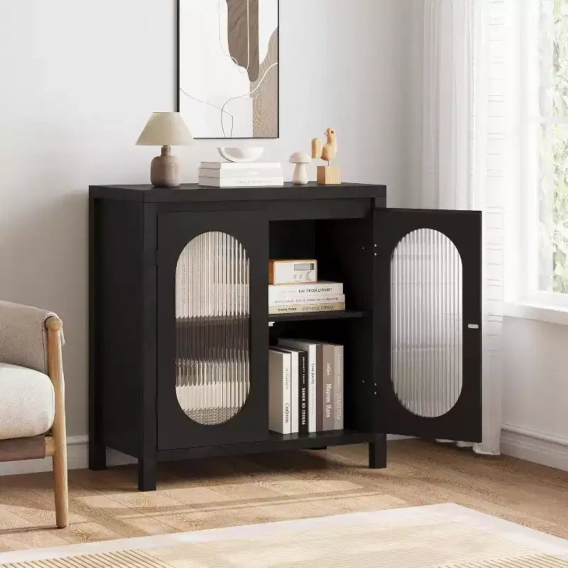 Credenza a 2 ante in vetro scanalato nero – Montaggio singolo utente