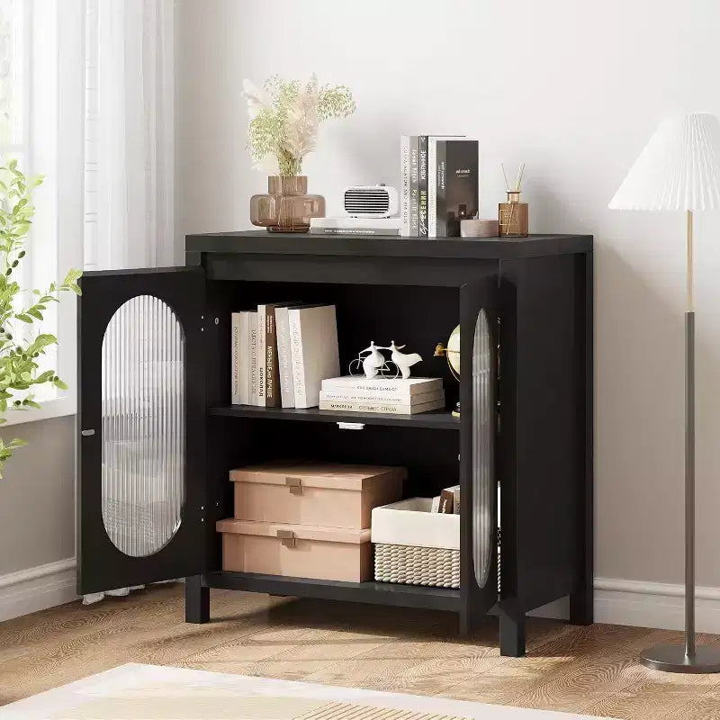 Credenza a 2 ante in vetro scanalato nero – Montaggio singolo utente