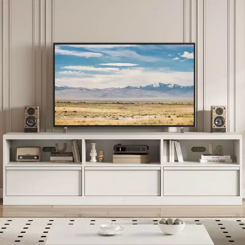 Mobile TV da 70" – Bianco Antico / Nero / Marrone Castagna, Moderno di Metà Secolo, Adatto a TV fino a 80"