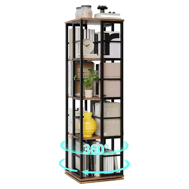 Libreria angolare girevole a 4 livelli, alta 137 cm, rotazione a 360°, struttura in metallo – Nera / Marrone / Bianca