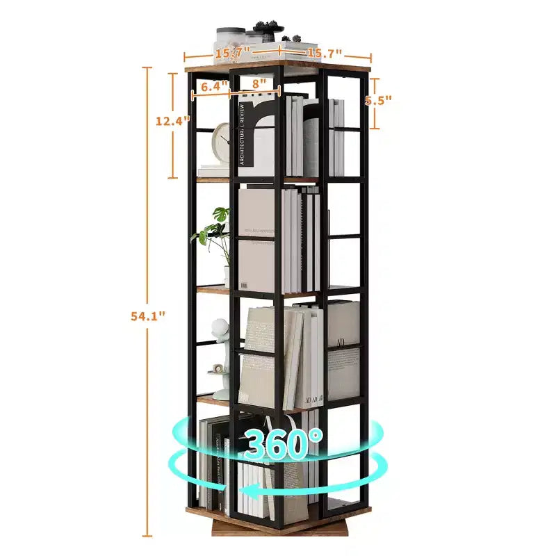 Libreria angolare girevole a 4 livelli, alta 137 cm, rotazione a 360°, struttura in metallo – Nera / Marrone / Bianca