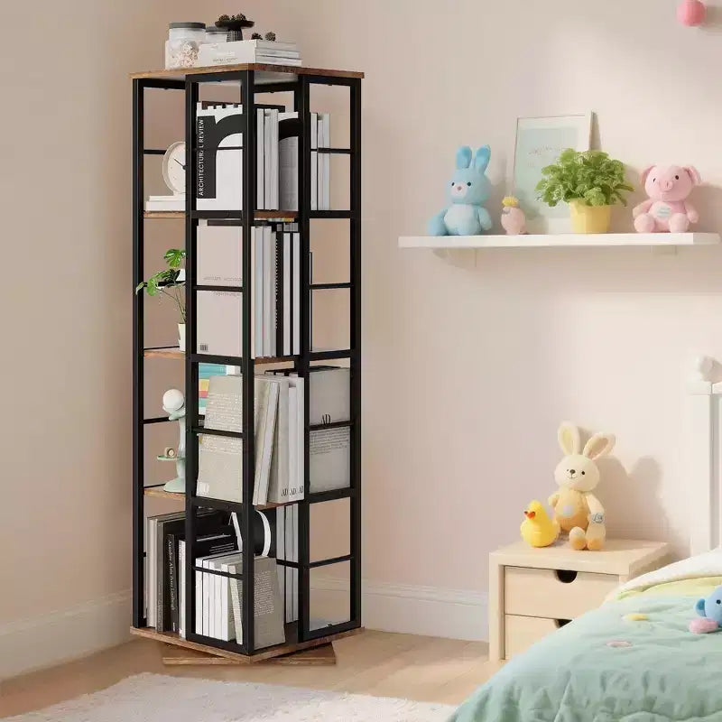 Libreria angolare girevole a 4 livelli, alta 137 cm, rotazione a 360°, struttura in metallo – Nera / Marrone / Bianca