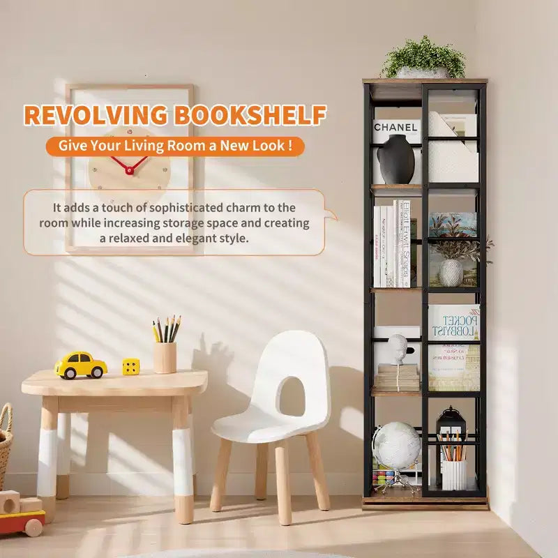 Libreria angolare girevole a 4 livelli, alta 137 cm, rotazione a 360°, struttura in metallo – Nera / Marrone / Bianca