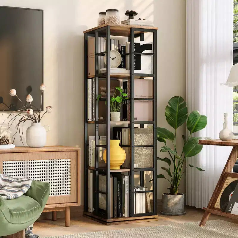 Libreria angolare girevole a 4 livelli, alta 137 cm, rotazione a 360°, struttura in metallo – Nera / Marrone / Bianca
