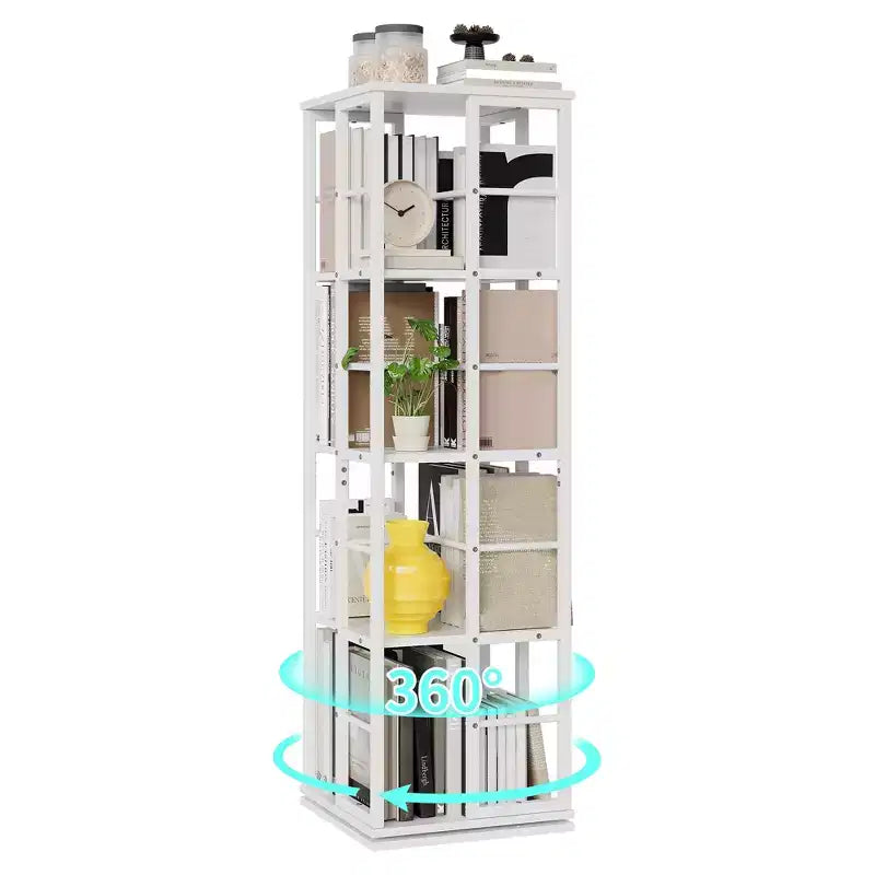 Libreria angolare girevole a 4 livelli, alta 137 cm, rotazione a 360°, struttura in metallo – Nera / Marrone / Bianca