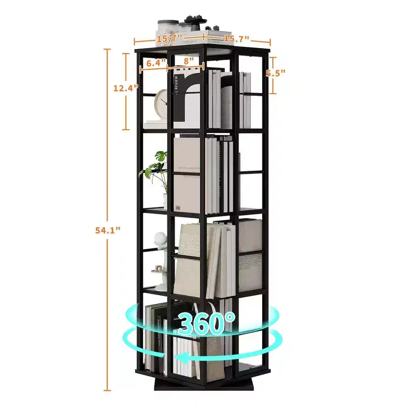 Libreria angolare girevole a 4 livelli, alta 137 cm, rotazione a 360°, struttura in metallo – Nera / Marrone / Bianca