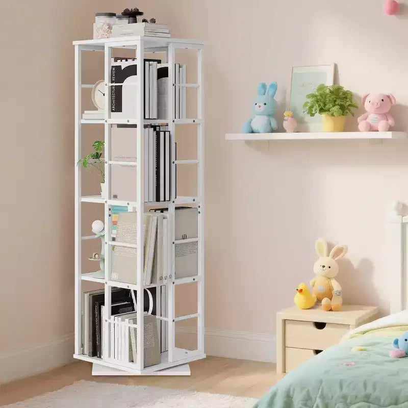 Libreria angolare girevole a 4 livelli, alta 137 cm, rotazione a 360°, struttura in metallo – Nera / Marrone / Bianca