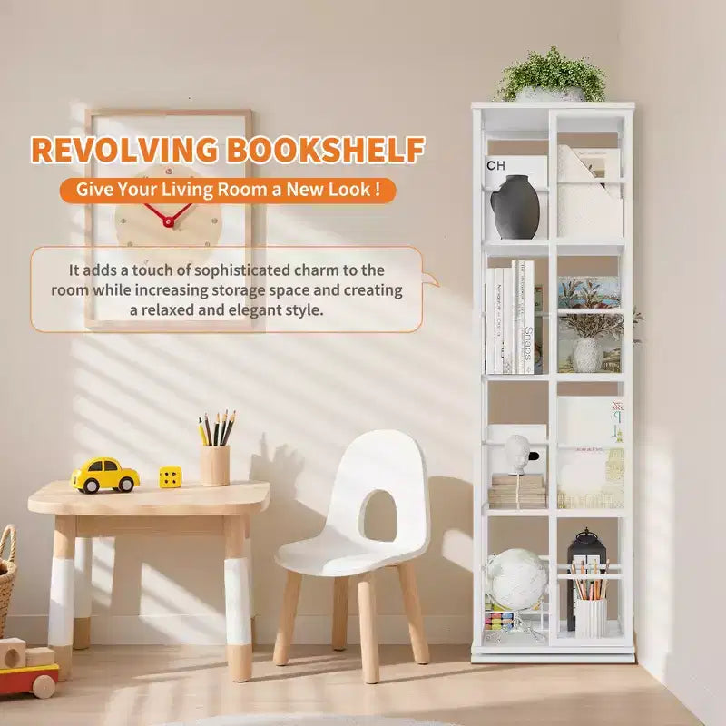 Libreria angolare girevole a 4 livelli, alta 137 cm, rotazione a 360°, struttura in metallo – Nera / Marrone / Bianca