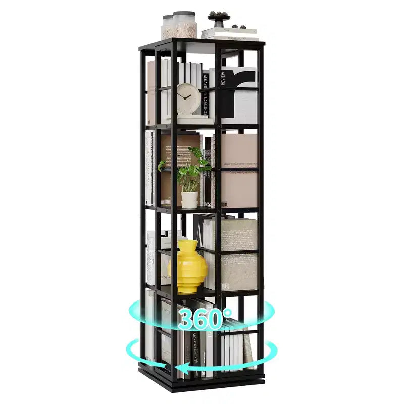Libreria angolare girevole a 4 livelli, alta 137 cm, rotazione a 360°, struttura in metallo – Nera / Marrone / Bianca