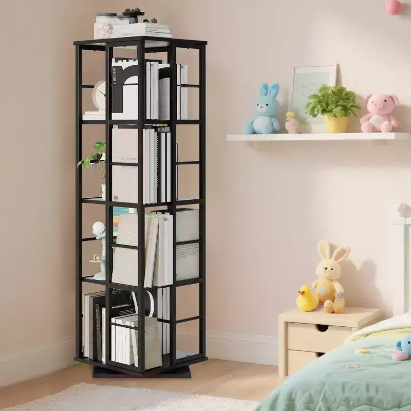 Libreria angolare girevole a 4 livelli, alta 137 cm, rotazione a 360°, struttura in metallo – Nera / Marrone / Bianca