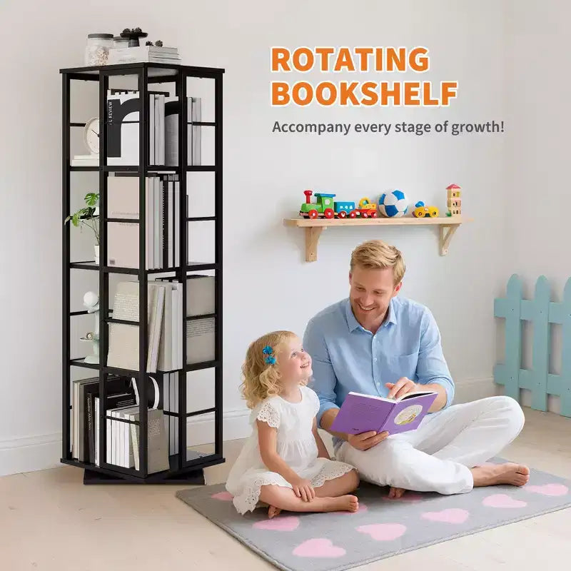 Libreria angolare girevole a 4 livelli, alta 137 cm, rotazione a 360°, struttura in metallo – Nera / Marrone / Bianca