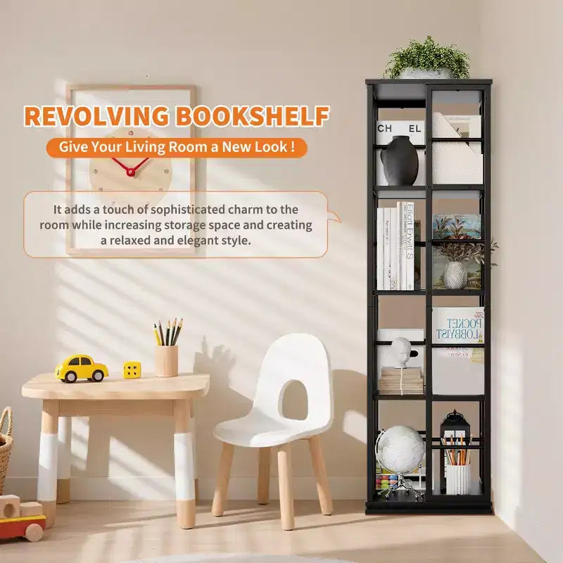 Libreria angolare girevole a 4 livelli, alta 137 cm, rotazione a 360°, struttura in metallo – Nera / Marrone / Bianca