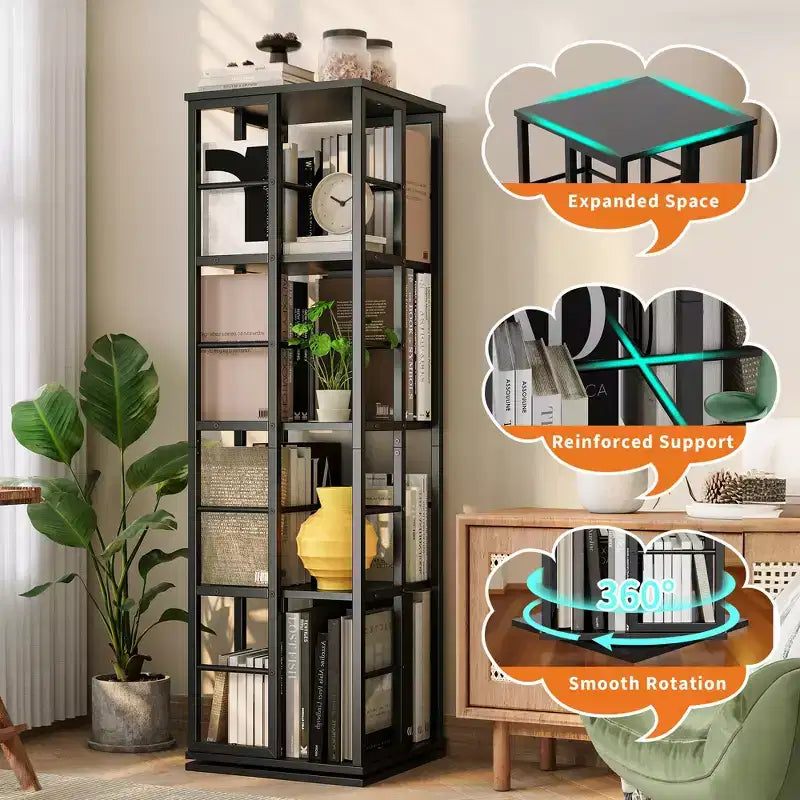 Libreria angolare girevole a 4 livelli, alta 137 cm, rotazione a 360°, struttura in metallo – Nera / Marrone / Bianca