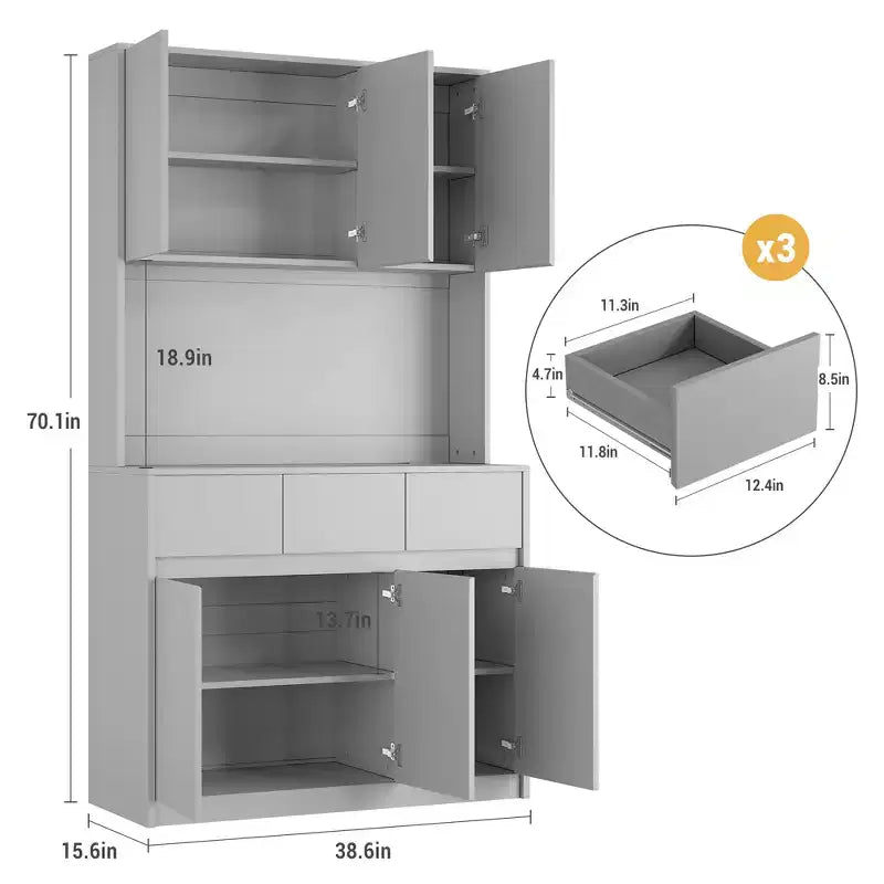 Mobile Dispensa Alto 177 cm Nero/Grigio/Bianco con Stazione di Ricarica, 3 Cassetti e Ripiani Regolabili, 1 Persona