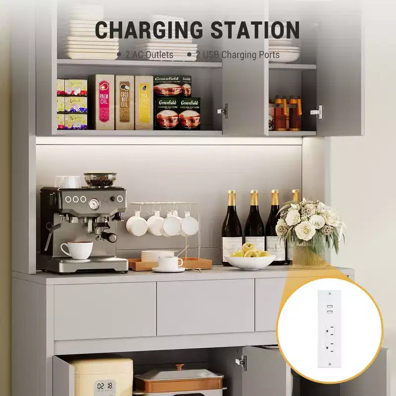 Mobile Dispensa Alto 177 cm Nero/Grigio/Bianco con Stazione di Ricarica, 3 Cassetti e Ripiani Regolabili, 1 Persona
