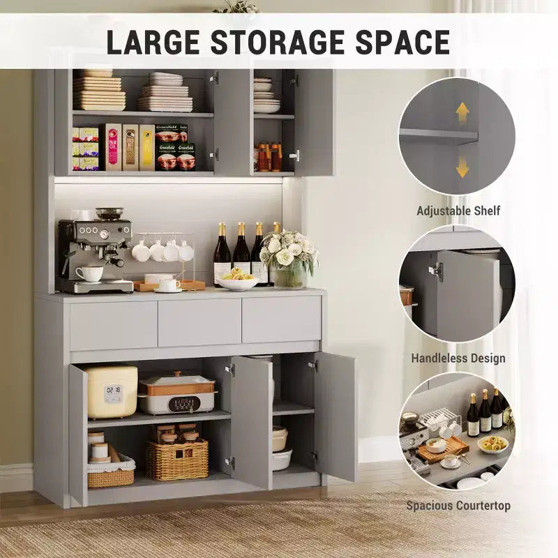 Mobile Dispensa Alto 177 cm Nero/Grigio/Bianco con Stazione di Ricarica, 3 Cassetti e Ripiani Regolabili, 1 Persona