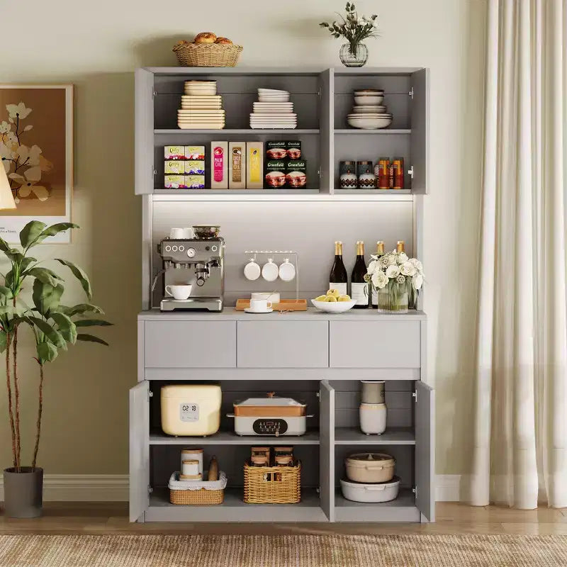Mobile Dispensa Alto 177 cm Nero/Grigio/Bianco con Stazione di Ricarica, 3 Cassetti e Ripiani Regolabili, 1 Persona
