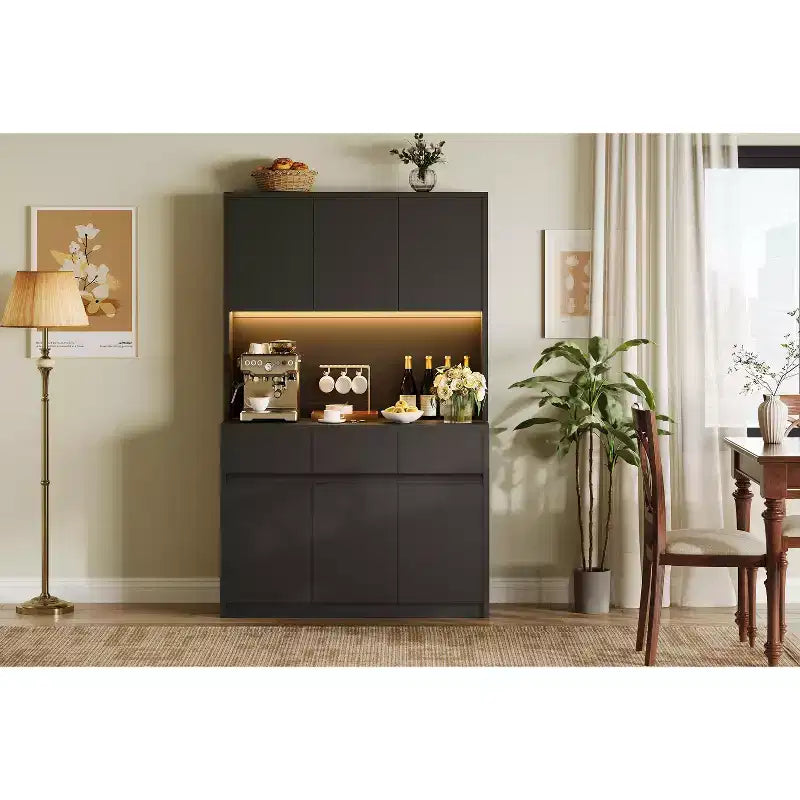 Mobile Dispensa Alto 177 cm Nero/Grigio/Bianco con Stazione di Ricarica, 3 Cassetti e Ripiani Regolabili, 1 Persona