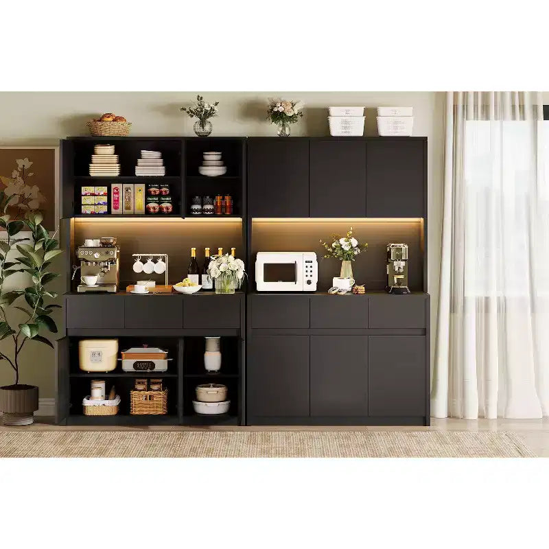 Mobile Dispensa Alto 177 cm Nero/Grigio/Bianco con Stazione di Ricarica, 3 Cassetti e Ripiani Regolabili, 1 Persona