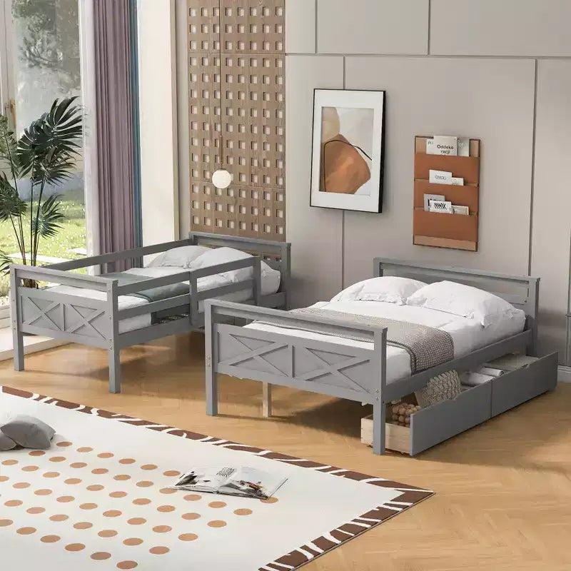 Letto a castello grigio/bianco singolo su una piazza e mezza con cassetti contenitore, convertibile, 2 posti letto