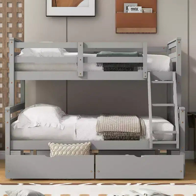 Letto a castello grigio/bianco singolo su una piazza e mezza con cassetti contenitore, convertibile, 2 posti letto