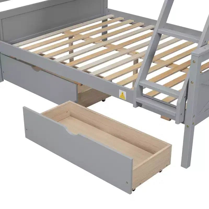 Letto a castello grigio/bianco singolo su una piazza e mezza con cassetti contenitore, convertibile, 2 posti letto